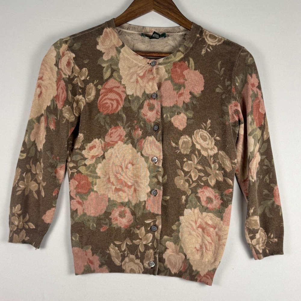 Lauren Ralph Lauren Cardigan Women M Brown Floral Silk Cotton Vintage 90s 00s